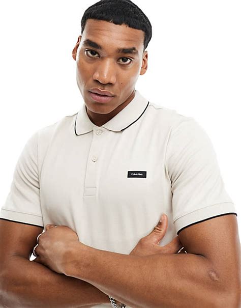 Calvin Klein Stretch Pique Tipped Polo In Beige Asos