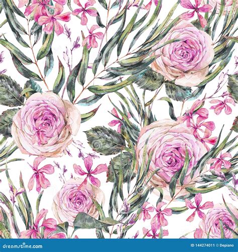 Watercolor Vintage Floral Seamless Pattern With Pink Roses And