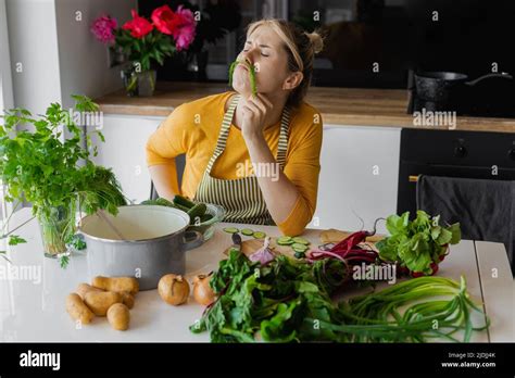 Humor Healthy Food Concept Funny Young Cute Woman Is Cooking In