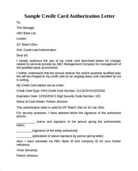 Free 13 Credit Card Authorization Letter Samples And Templates In Pdf Word