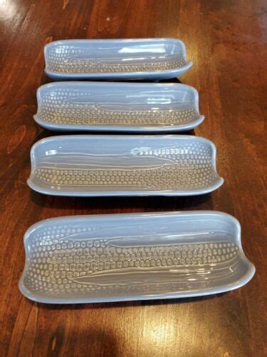 4 Corn On The Cob Holder Tray Plate Pfaltzgraff Dishes Blue Gray