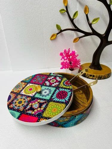 Multicolor Polished Handcrafted Wooden Round Chapati Box At Rs