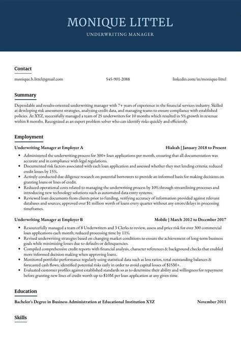 Underwriting Manager Resume Cv Example And Writing Guide