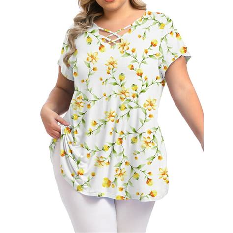 Womens Plus Size Tops Criss Cross V Neck Short Sleeve Summer Casual Blouses 2x