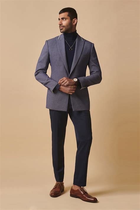 Buy Blue Wool Blend Checkered Lapel Collar Blazer For Men By Philocaly Online At Aza Fashions