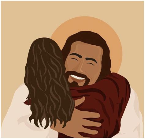 A Man And Woman Hugging Each Other In Front Of An Image Of Jesus On The