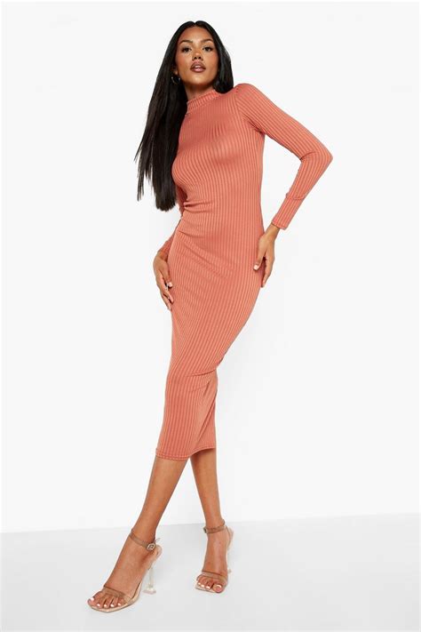 Rib Roll Neck Midi Dress Boohoo