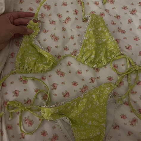 Lime Green Flower Bikini Has Rings In The Top And Depop