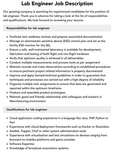 Lab Engineer Job Description Velvet Jobs