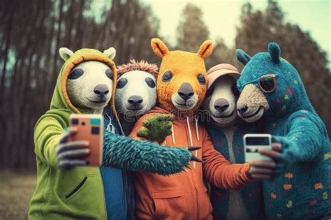 Grupo De Amigos Osos Graciosos Tomándose Selfie Con El Teléfono Móvil