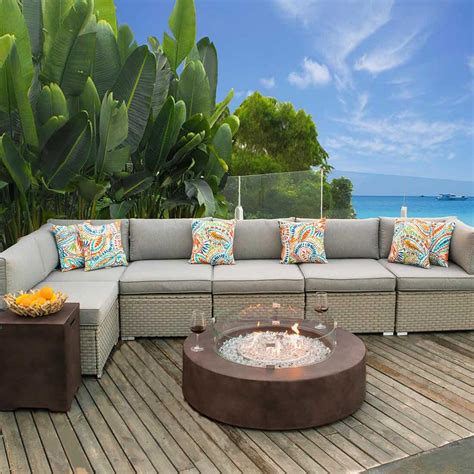 8 Piece L Shaped Patio Sofa with Round Fire Pit – COSIEST