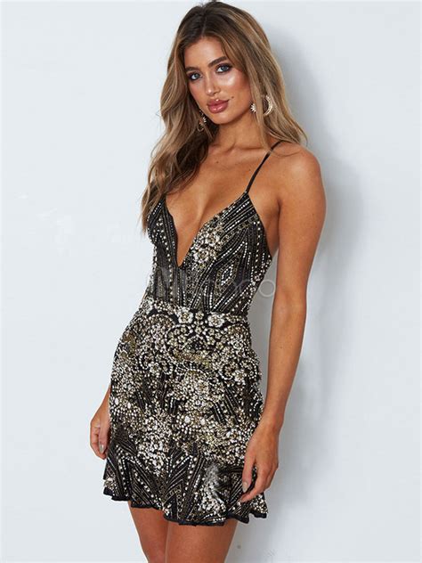 Sexy Bodycon Dress V Neck Lace Up Glitter Sequins Backless Mini Dress