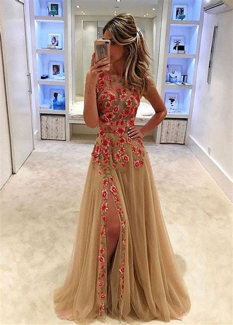 Unique Champagne Tulle Lace Long Prom Dress Champagne Evening Dresses