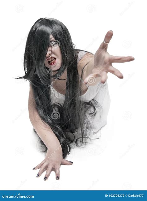 Mystical Ghost Woman In White Long Shirt Reach Out Her Hand Stock Image