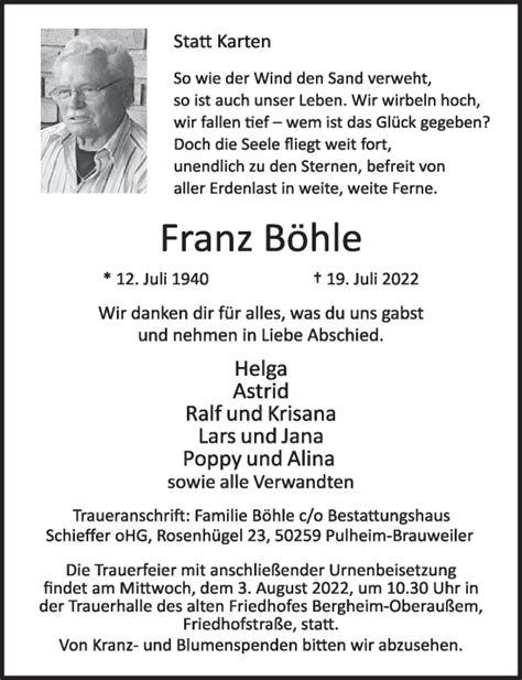 Traueranzeigen Von Franz B Hle Wirtrauern