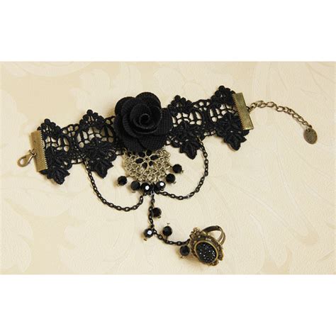 Victorian Gothic Black Floral Lace Wristband Rose Bracelet With Ring J