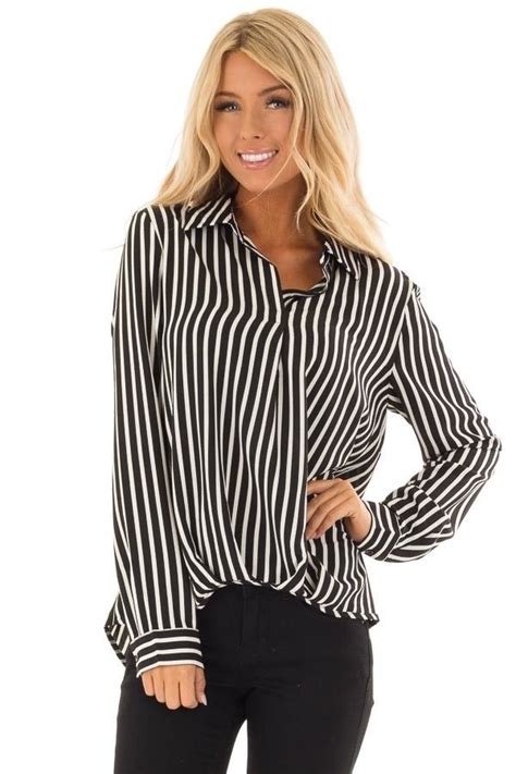 Black And White Striped Long Sleeve Collared Blouse Front Close Up Lime