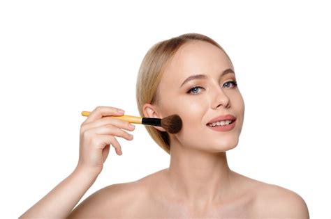 Premium Photo Beauty Portrait Of A Smiling Beautiful Half Naked Woman Posing With Make Up Brushes