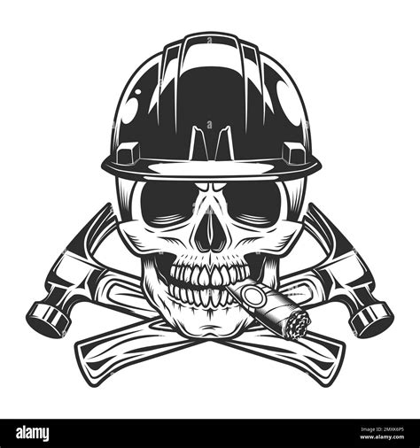 Skull Smoking Cigar Or Cigarette Smoke And Crossed Builder Hammers With