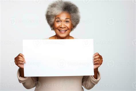 Happy old black woman holding blank white banner sign, isolated studio ...