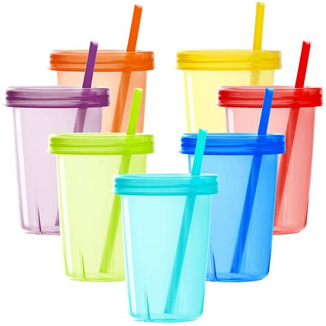 Buy Youngever 7 Pack Plastic Kids Cups with Lids and Straws, 7 Re ...