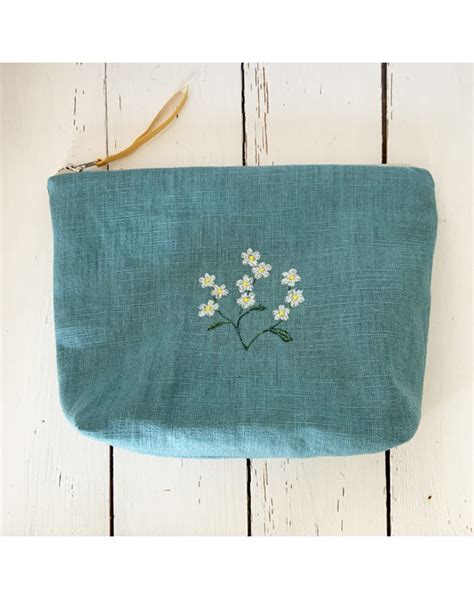 Embroidered Makeup Bag Forget Me Nots On Blue Linen Sarah Becvar Design