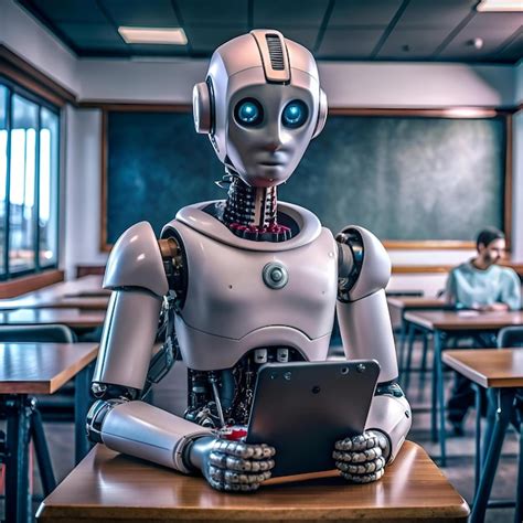 A humanoid robot teacher in a classroom setting holding a tablet ...