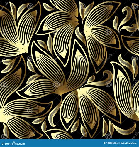 Gold 3d Floral Vector Seamless Pattern Line Art Tracery Hand Drawn