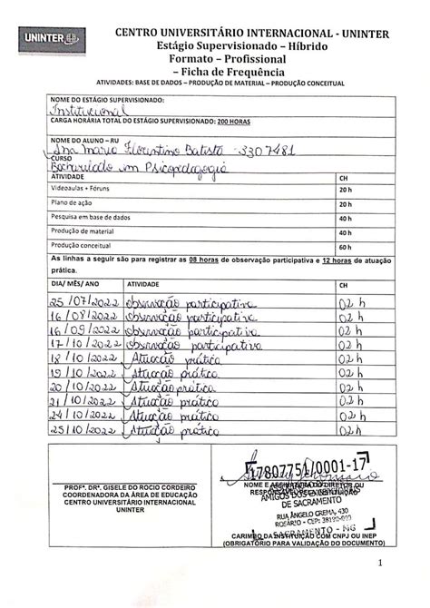 Ficha De Frequ Ncia Est Gio Est Gio Institucional Psicopedagogia