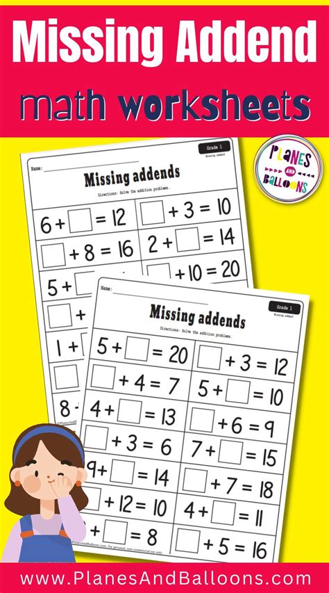 Missing Addend Addition Worksheets For First Grade Free Printable Pdf