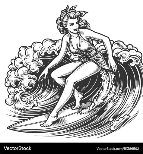 Pin Up Girl Surfing Engraving Royalty Free Vector Image