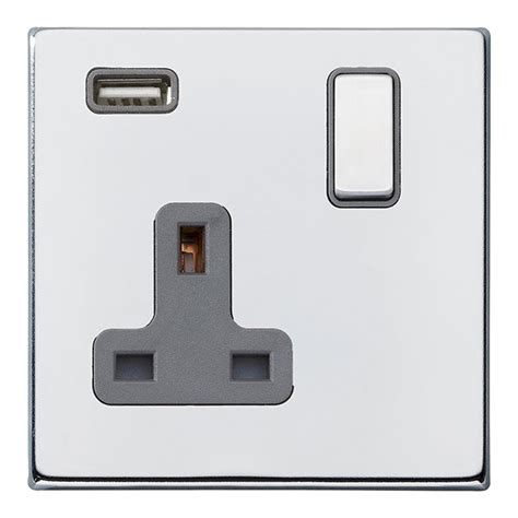 Hamilton Hartland G2 Bright Chrome 1 Gang 13a Single Pole Switched Socket And 21a Usb Type A