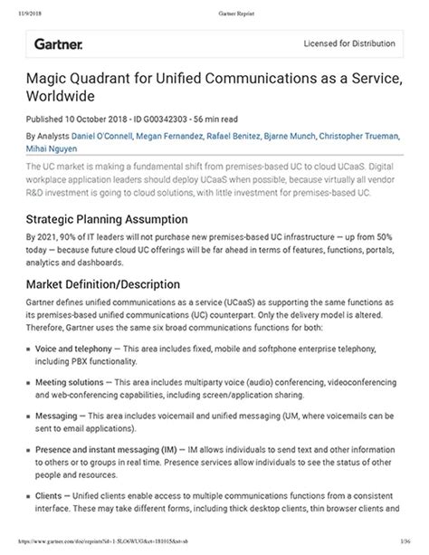 Gartner Magic Quadrant For Unified Communications As A Service Worldwide