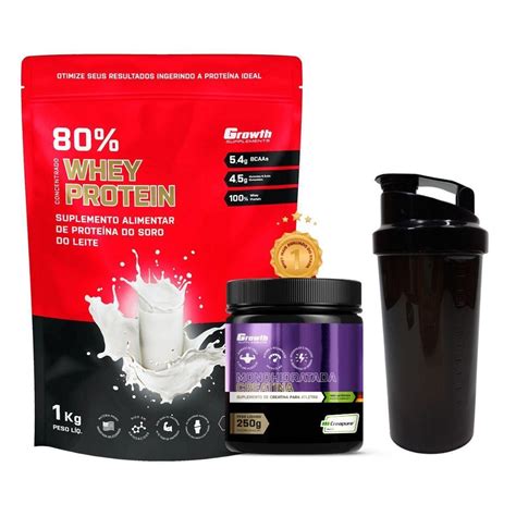 Kit Whey Growth 1kg Creatina Creapure 250g Coqueteleira