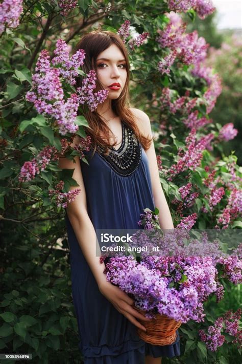 Beautiful Girl In A Dress Posing Near A Bush Of Lilacs On A Summer Day