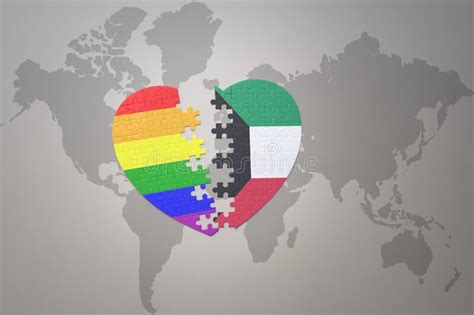 Puzzle Heart With The Rainbow Gay Flag And Kuwait On A World Map