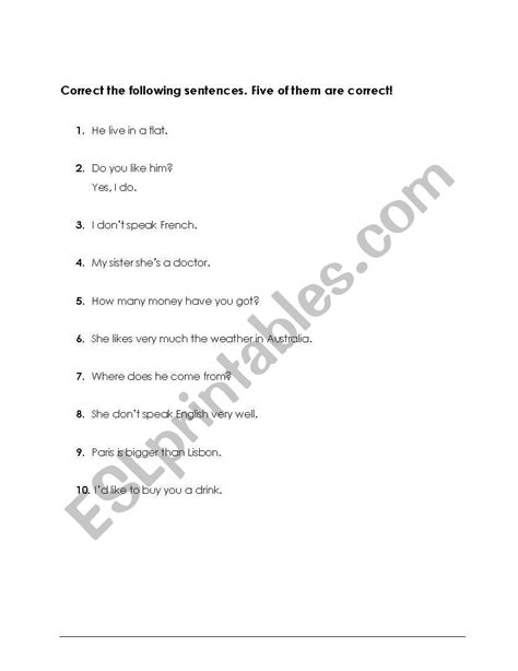 Sentence Corrections Worksheet