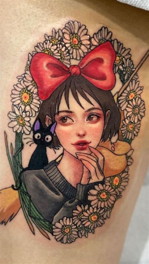 A Girl With A Cat And Flowers On Her Thigh