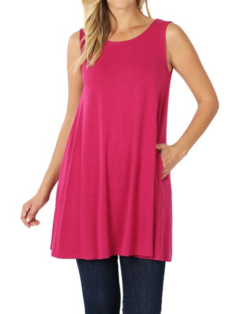 Women Round Neck Sleeveless Flowy Tunic Top With Side Pockets Magenta