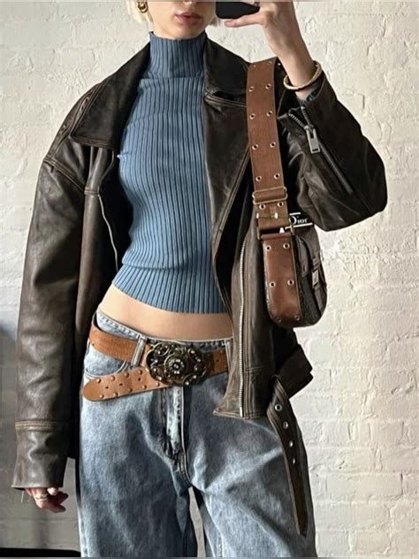 Brown Oversized Leather Jacket 90 S Leather Jacket Y2k Leather Jacket