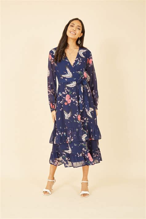 Yumi Navy Crane Print Long Sleeve Wrap Midi Dress Yumi