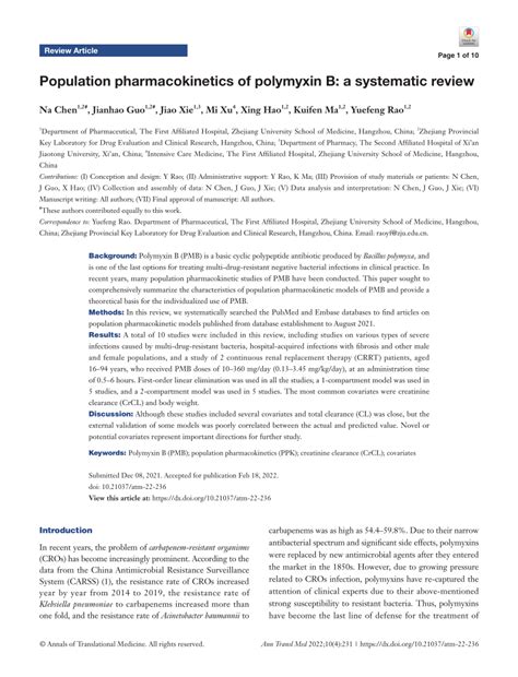 Pdf Population Pharmacokinetics Of Polymyxin B A Systematic Review