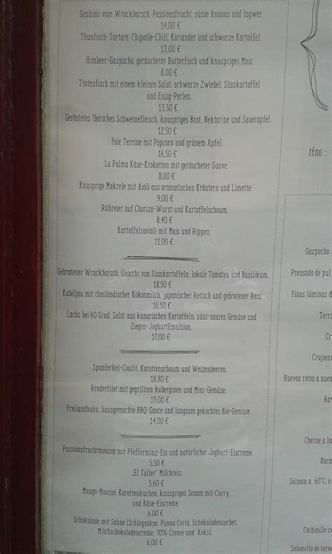 Menu At El Taller De Seve Diaz Restaurant Puerto De La Cruz