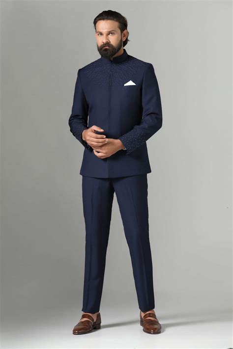Navy Blue Bandhgala Suit For Men Online Brahaan By Narains
