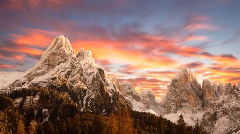 Italy Mountains Dolomites Mountains Forest Sky Snowy Peak Fall