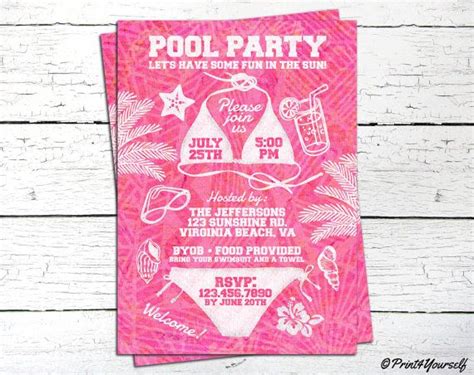 Bikini Invite Personalized Printable Pink Bikini Pool Party Hot Sex