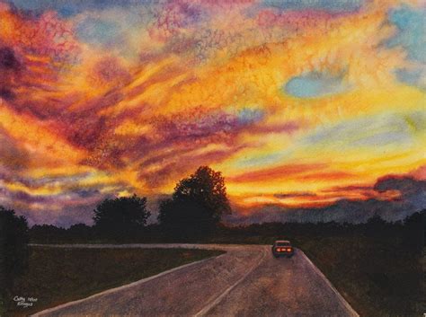 Coucher De Soleil Art Aquarelle Peinture Impression Par Cathy Etsy