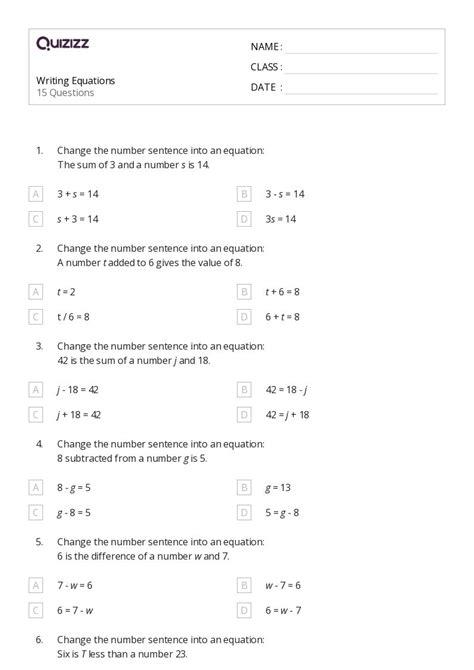 50 Writing Equations Worksheets For 6th Class On Quizizz Free