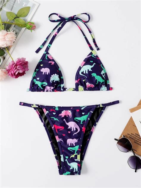 Bikini De Tanga Triangular Con Estampado De Dinosaurio Mode De Mujer