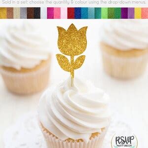 Tulip Cupcake Toppers Glitter Flower Food Picks Garden Themed Party